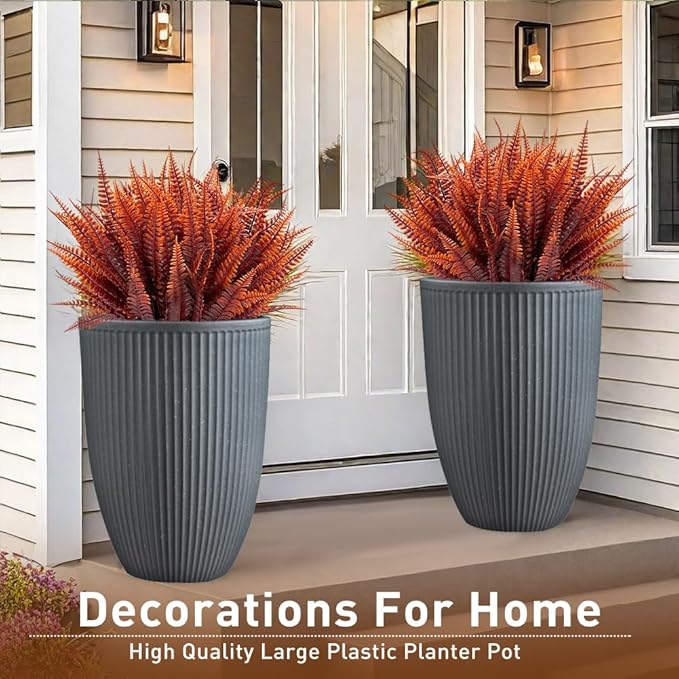 2 Pcs Pack 15 Inches Heavy Duty Plastic Resin Tall Tapered Planter Pots Large Round Planter Flower Pot with Drainage Hole for Indoor Outdoor Deck Porch Garden Home Patio Front Door (Dark grey, S)-Ruum Studio Home