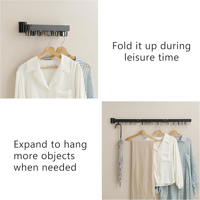 Clothes Drying Rack Wall Mounted, Laundry Drying Rack Collapsible, Space Saving Wall Drying Rack Clothing Foldable, Tri-Fold Retractable Rack Outdoor Indoor with 18 Hooks(Black，Loop-Shape Hooks)-Ruum Studio Home