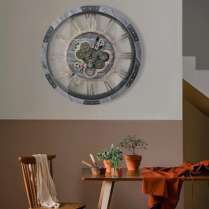 DORBOKER 24" Large Wall Clock with Moving Gears,Oversize Vintage Industrial Rustic Farmhouse Clocks for Living Room Decor Office Home,Solid Wood HD Tempered Glass Cover,Carbon Grey-Ruum Studio Home