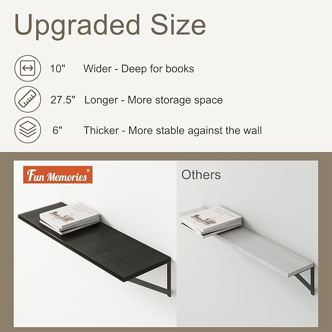 Fun Memories 27.5" W x10 D Floating Shelves, Black Wall Shelf with Brackets, 10 Inch Deep Floating Shelf Set of 2, Large Storage Kitchen Living Room Bathroom Shelves, Wood Wall Mounted Shelf-Ruum Studio Home