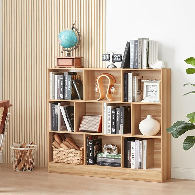 LEYAOYAO 10 Cube Bookshelf with Base,3 Tier Mid-Century Modern Grey Bookcase,Standing Wide Bookshelves Storage Organizer Shelf,Rustic Wood Display Cabinet Book Shelves for Bedroom,Living Room,Office-Ruum Studio Home
