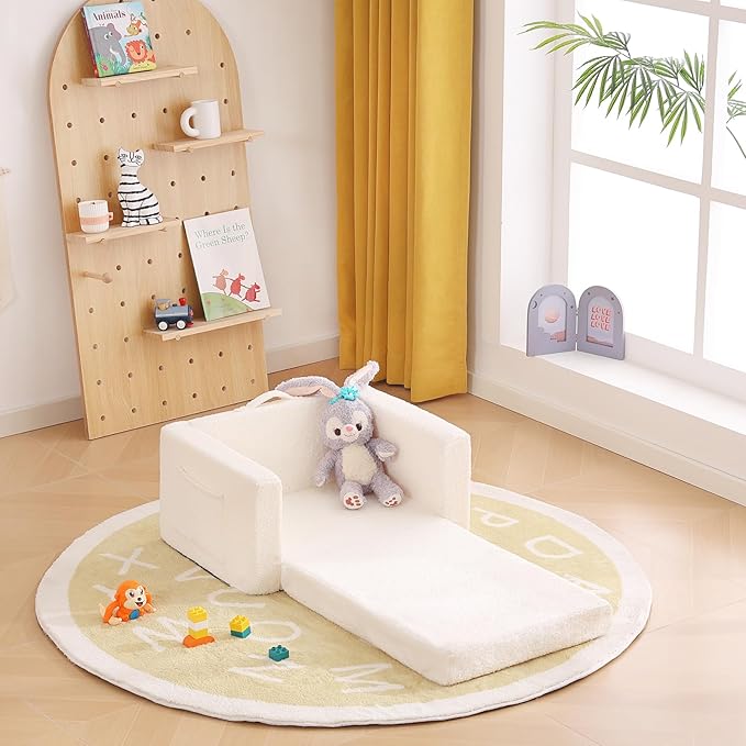 Toddler Chair Sherpa Kids Couch, 2-in-1 Soft Kids Sofa Lounger for Bedroom, Convertible Couch for Girls and Boys, Reading Chair, Beige-Ruum Studio Home