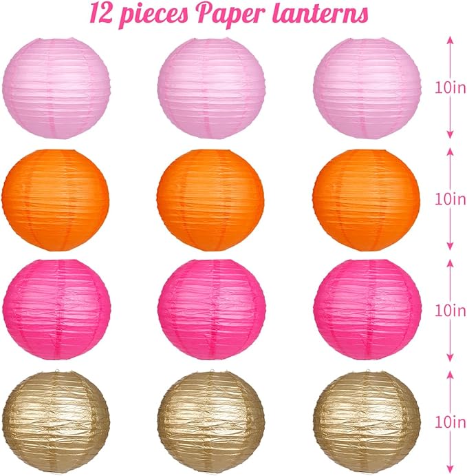 Paper Lanterns Pink Orange Gold Round Hanging Chinese Lanterns for Birthday Party Baby Shower Bridal Shower Decorations Pack of 12-Ruum Studio Home