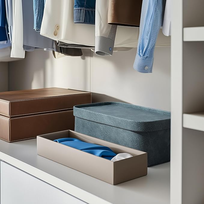 La Jolie Maison Vegan Leather Storage Boxes with Lids, Set of 3 Decorative Storage Containers Organize Stackable Storage Box, Dusty Blue-Ruum Studio Home