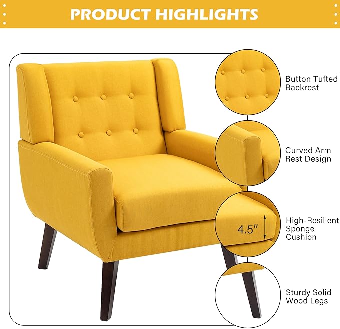 UIXE Accent Chair, Modern Upholstered Armchair Mid-Century Arm Chair in Fabric for Living Room, Comfy Single Sofa Seats Button Tufted Reading Seating, Yellow-Ruum Studio Home