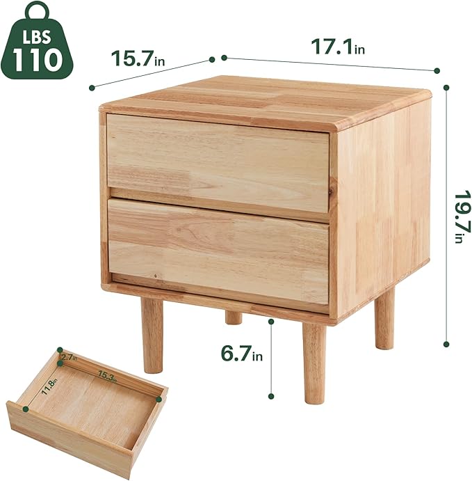 Modern Solid Wood Nightstand with Drawers - Mid Century Modern 2 Drawer Natural Wooden Small Narrow Nightstand Bedside Side End Table with Storage for Living Room Bedroom, 15.7" D x 17.1" W x 19.6" H-Ruum Studio Home