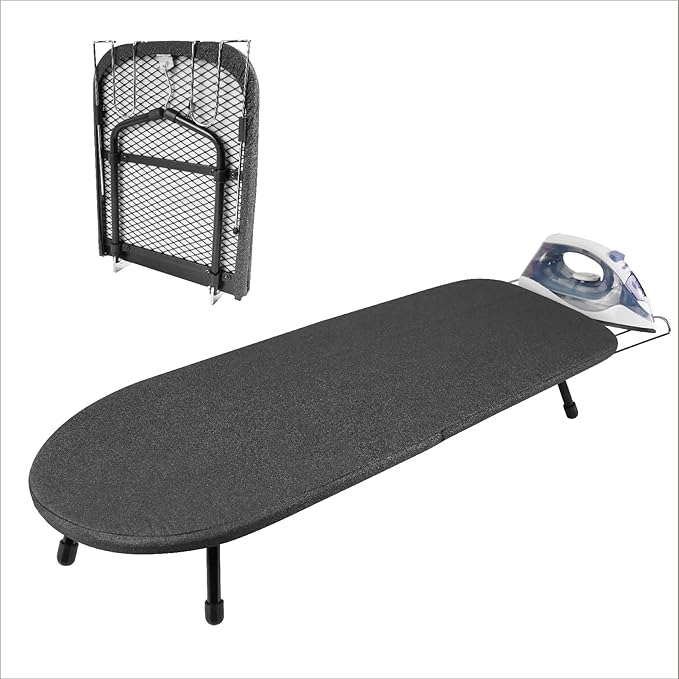 Metal Tabletop Ironing Board with Iron Rest, Portable Ironing Board Small with Heat Resistant Cotton Cover, Mini Iron Board for Small Space and Travel, 32 x 12 Inch (Black)-Ruum Studio Home