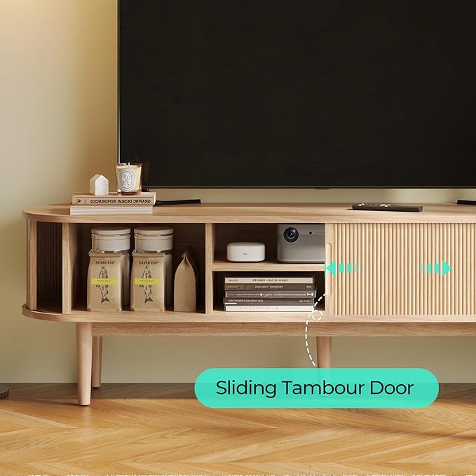 LINSY HOME TV Stand for 65" TV, Mid-Century Modern 58" Entertainment Center with Sliding Tambour Door and Storage Cabinet, Cruved TV Media Console Table for Living Room, Bedroom, Oak-Ruum Studio Home