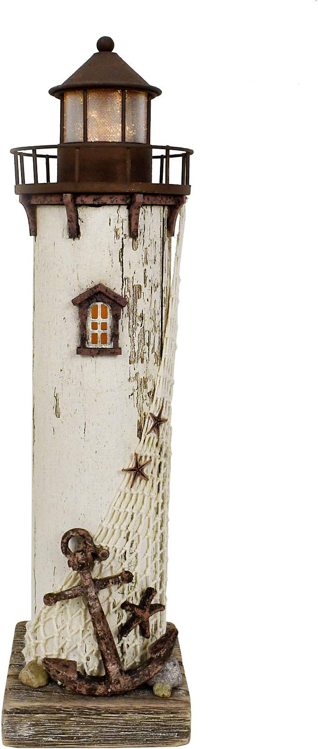 Linfevisi Wood Lighthouse Decor Rustic LED Light House Decor Wooden Decorative Nautical Lighthouse Statue Coastal Beach Themed Lighthouse Handcrafted Tabletop Decoration Home Bathroom (14.75")-Ruum Studio Home