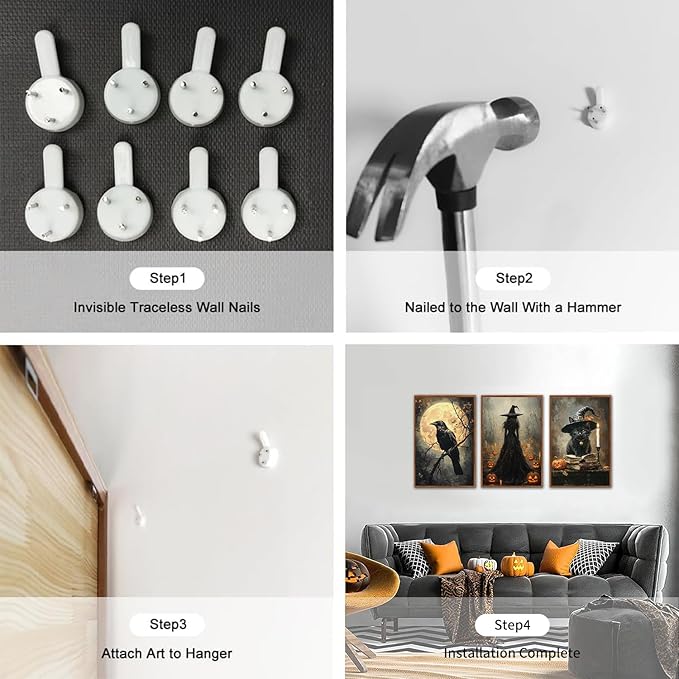 KAIRNE Framed Halloween Canvas Wall Art,Dark Witch Crow Prints,Black Cat Painting,Horror Gothic Pictures Set of 3 (16”X24”),Scary Halloween Wall Decor for Party Living Room Bedroom Office Decoration-Ruum Studio Home