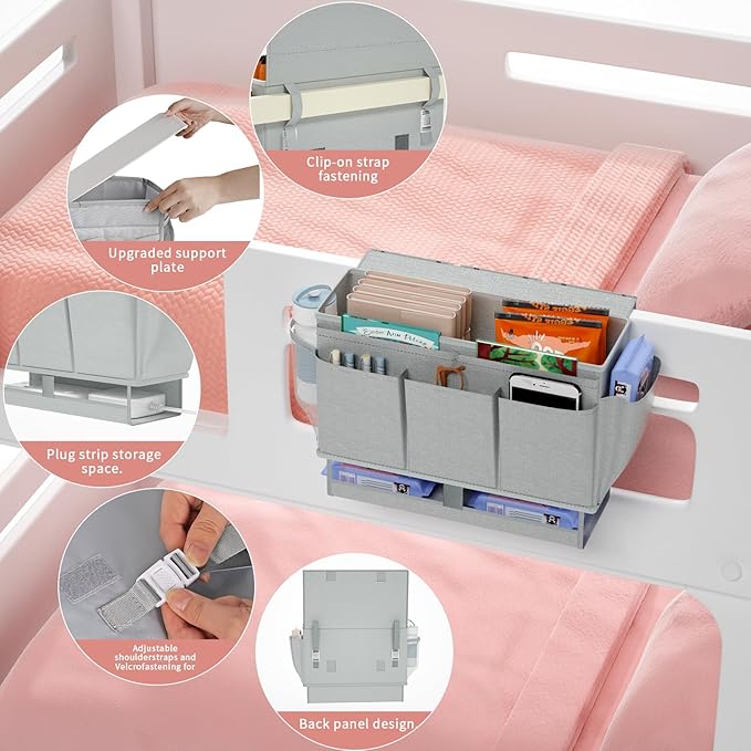 Bedside Caddy, Bed Organizer with 11 Pockets and Power Strip Holder,Versatile Bedside Storage Caddy for Home,Dorm,Bunk,Hospital,Crib Bed (Grey)-Ruum Studio Home
