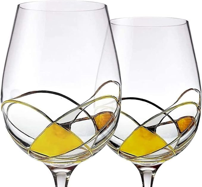 Bezrat Wine Glasses Hand Painted - Set of 2 - Women Wine Gift - Wine Lover Glass - Beautiful Glassware Gifts Ideas for Women Inspired by 'Duomo di Milano' Mothers Day - 12 oz (Gold)-Ruum Studio Home