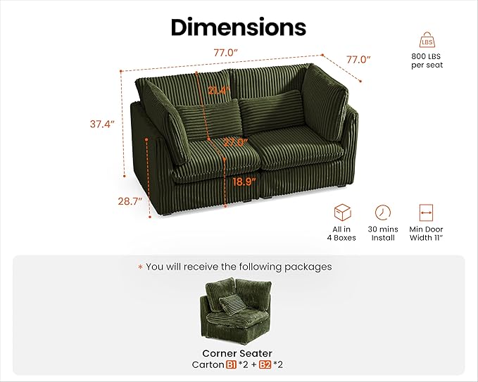 Oversized Modular Sofa, Extra Deep Cloud Corduroy Sectional Couch with Ottoman Chaise, Fluffy Corduroy 2 Seater Sofa Bed for Living Room, Villa (Loveseat Sofa, Corduroy Green)-Ruum Studio Home