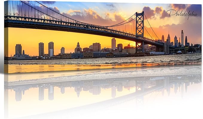 Philadelphia Skyline Wall Art Cityscape Living Room Decor Panorama Pictures City Building House Poster Canvas Print Bridge Sunset Scenery Office Bedroom Decorations Framed 13.8"x45.3"-Ruum Studio Home