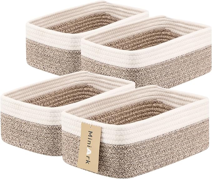 Small Storage Baskets for Organizing | Closet Organizer Bins | Shelf Toy Basket | Woven Rope Baskets | Cube Decorative Box | Shallow Basket | 11.5x7.5x4.7” | 4 Packs White Brown-Ruum Studio Home