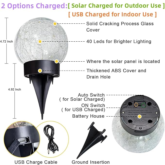 Beautyard Solar Globe Lights Outdoor Large Garden Decor USB Charged 4.72" Diameter 40LED 1000mAh Solar Lights Cracked Glass Globe Power Yard Patio Garden (4.72'' Large 2 Pack Warm White)-Ruum Studio Home