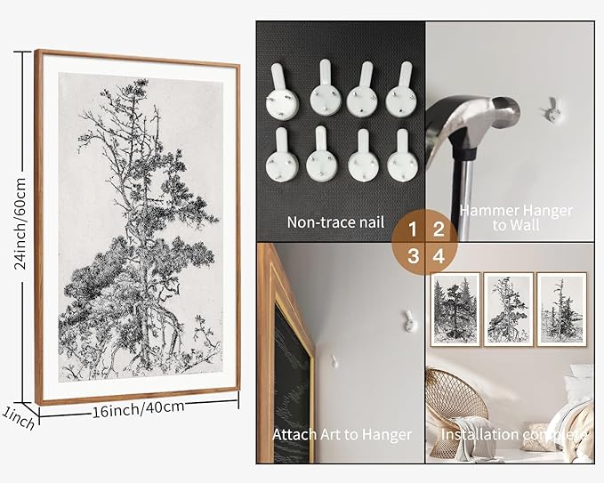 SIGNINART Vintage Tree Framed Wall Art Set , Black and White Antique Sketchbook Forest Painting, Wilderness Illustration Art Print , Retro Pine Tree Landscape Drawing Wall Decor for Living Room, Bedroom, Office (16"x24"x3)-Ruum Studio Home