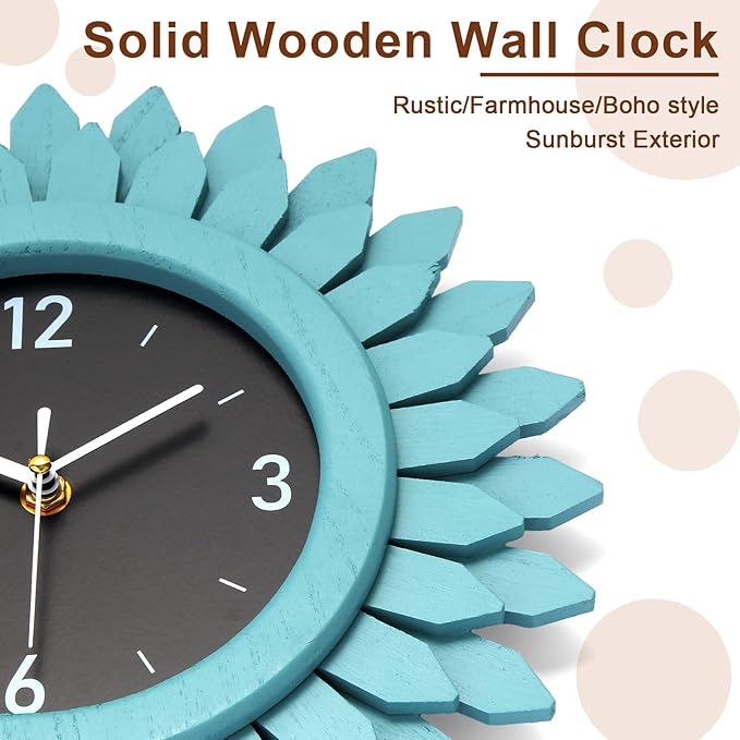 Honiway Wall Clock Battery Operated 12 Inch Rustic Wood Beach Sunburst Decorative Wall Clock Silent Non-Ticking Coastal Wall Decor Clocks for Living Room Kitchen Bathroom Bedroom (Cyan)-Ruum Studio Home