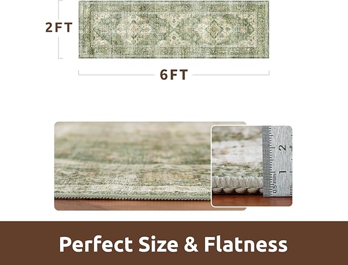 AMOAMI-2X6 Runner Rug-Washable Runners for Hallways-Soft Non Slip Bedside Rugs for Bedroom-Vintage Long Rug for Hallways Entryway Laundry Room Stair Kitchen Bathroom Olive Green-Ruum Studio Home