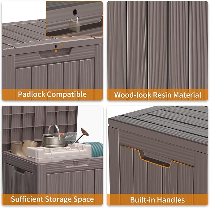 28 Gallon Resin Deck Box, Lockable Patio Outdoor Storage Box for Furniture, Garden Tools and Tools Storage, Waterproof Outside Storage Boxes - Grey-Ruum Studio Home
