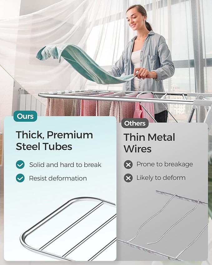 SONGMICS Clothes Drying Rack, Foldable 2-Level Laundry Drying Rack, Free-Standing Laundry Airer, with Height-Adjustable Wings, 33 Drying Rails, Sock Clips, Silver and White ULLR053W01V1-Ruum Studio Home