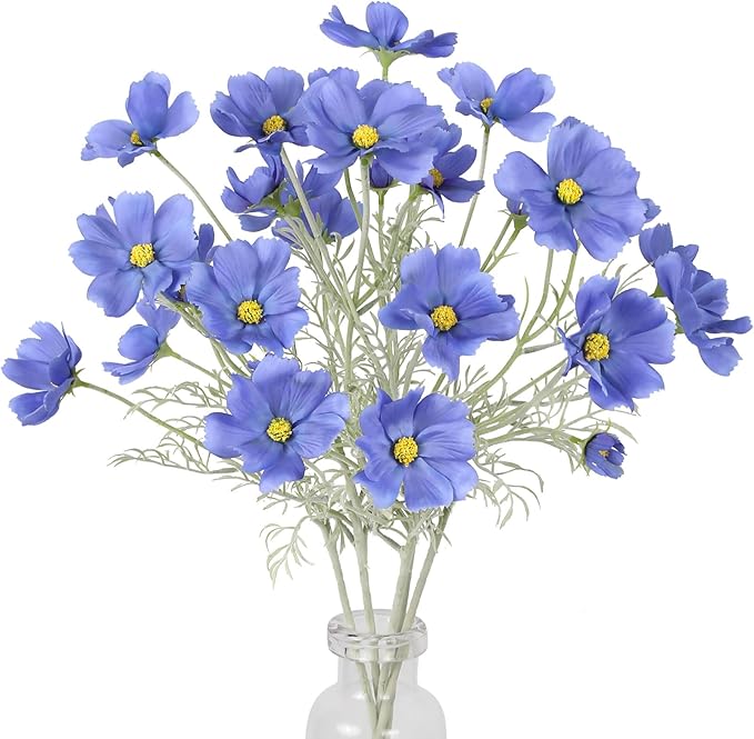 IPOPU Blue Flowers Artificial Cosmos 5PCS Fake Blue Wildflowers 24.5" Fake Daisies for Home Decor Indoor Faux Wild Flowers for Floral Arrangements Wedding Centerpiece-Ruum Studio Home