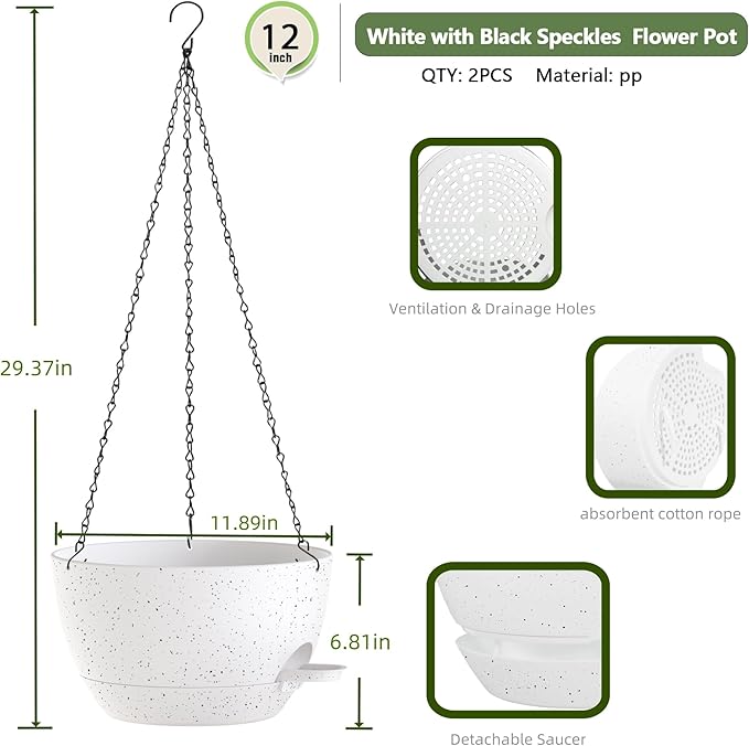 12 Inch Hanging Baskets 2 PC with Chains, Self-Watering Hanging Planters for Indoor Outdoor Plants, Plastic Hanging Flower Pots,Speckled White-Ruum Studio Home