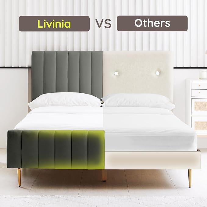 Livinia Full Size Elton Velvet Platform Bed, Upholstered Bed Frame with Vertical Channel Tufted Headboard Footboard, Strong Wood Slats, No Box Spring Needed, Gray (Full)-Ruum Studio Home