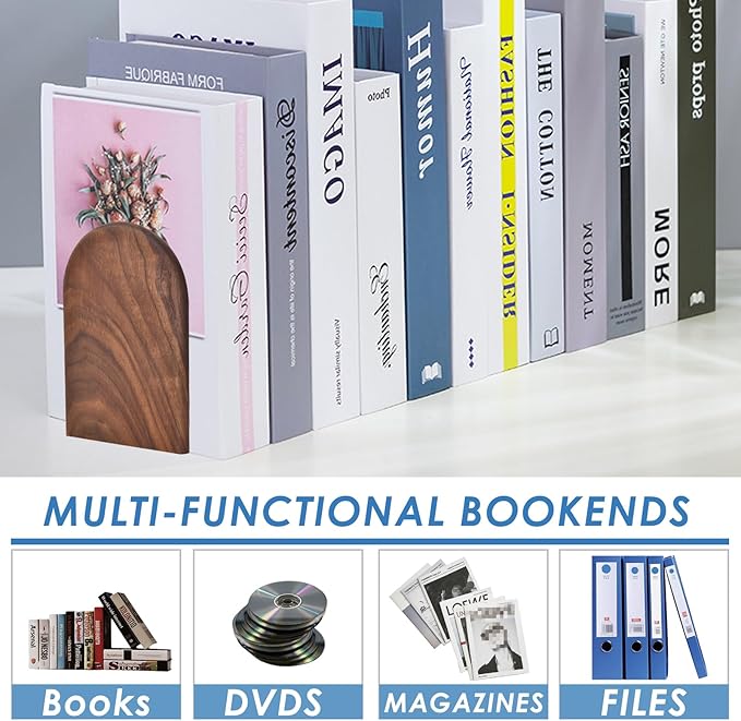 Book Ends, Sturdy Wooden Bookends for Shelves - Heavy Duty Non-Slip Book Organizers, Decorative Bookend Holders for Home Office, Library, Black Walnut Universal Economy Bookend, Medium, 1 Pair-Ruum Studio Home