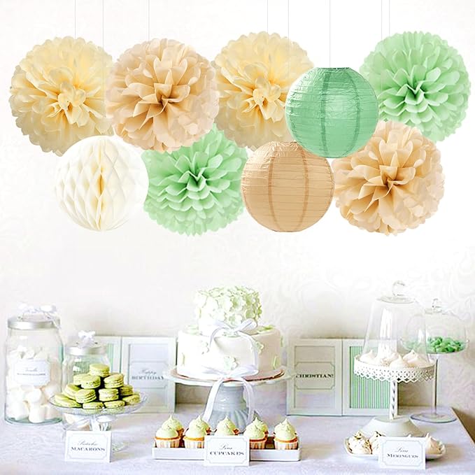 Sage Green-Boho Party-Decorations Paper-Flowers Lanterns - 15PCS Safari Rustic Neutral Baby Shower Tissue Pom Poms Streamers, Champagne Gold Birthday Wedding Graduation Hanging Supplies Decor Hugfond-Ruum Studio Home