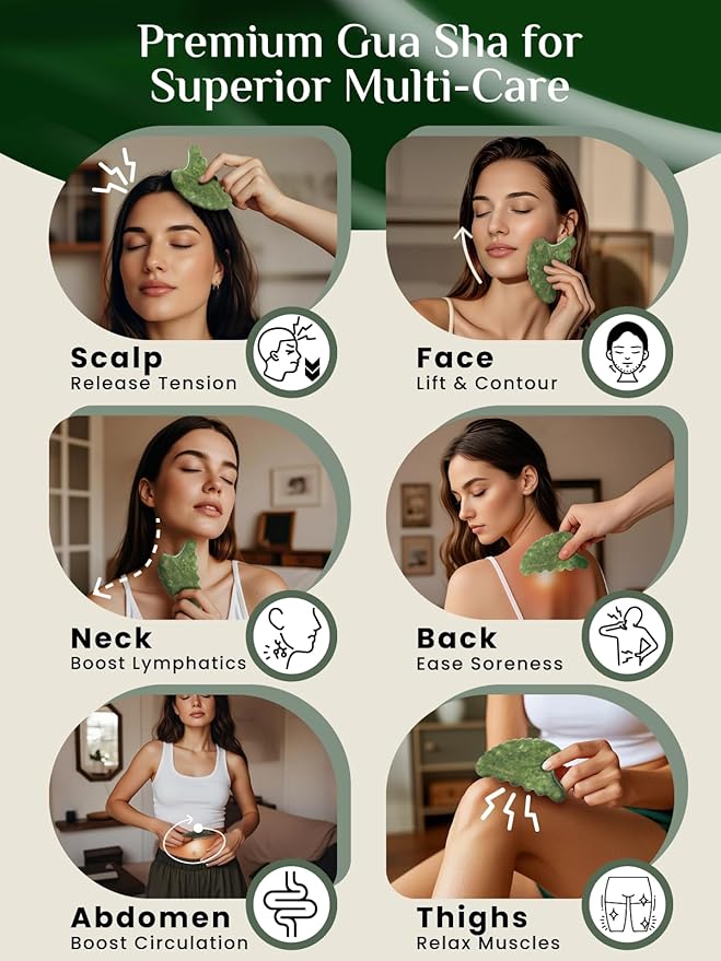 Rena Chris Body Gua Sha Tools, Natural Xiuyan Jade GuaSha Tool, Manual Massage Sticks for Jawline Sculpting and Puffiness Reducing, Whole Body Skin Care Massager (Green)-Ruum Studio Home