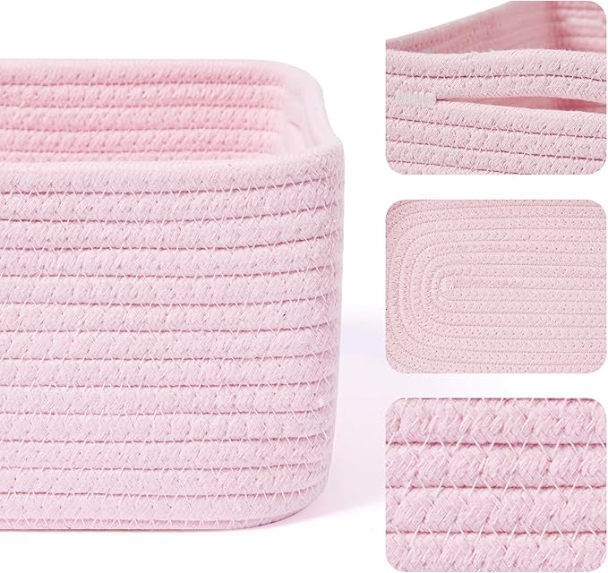 Small Storage Baskets for Organizing | Closet Organizer Bins | Shelf Toy Basket | Woven Rope Baskets | Cube Decorative Box | Shallow Basket | 13x8.5x5.1” | 3 Packs Pink-Ruum Studio Home