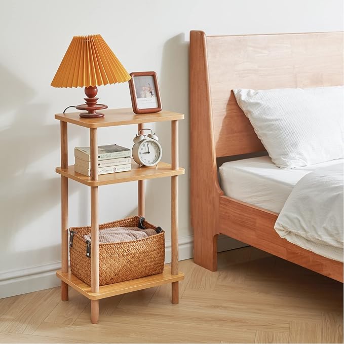 IBUYKE 3-Tier Side Table, Solid Wood Tall End Table with Storage Shelves, Nightstand Bedside Table for Living Room Bedroom Office, No-Tool Assembly, Natural UWST003N-Ruum Studio Home