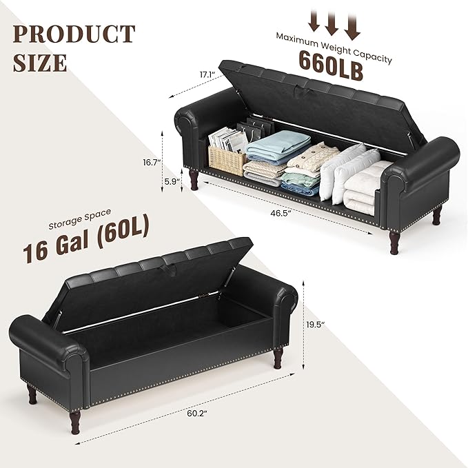 60" Storage Ottoman Bench for Bedroom, Full Queen Storage Bench with Button, Upholstered Bedroom Bench with Rolled Arms for Living Room, Storage Room, Entryway, Black-Ruum Studio Home