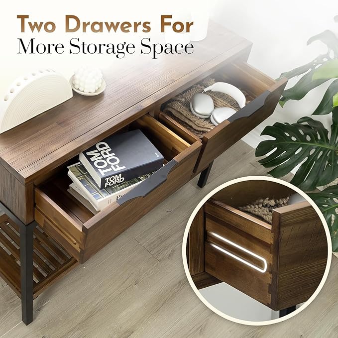 Bme Millie Farmhouse Solid Wood Console Table with 2 Drawers & Storage Shelves, 43" Boho Sofa Table for Entryway, Hallway, Living Room, Rustic Chestnut-Ruum Studio Home