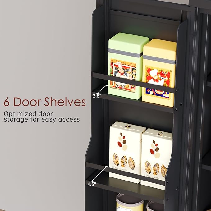 75" H Metal Storage Cabinet, Pantry with 6 Door Shelves and 4 Adjustable Shelves, Leveling Foot for Kitchen, Living Room and Dinning Room, Black-Ruum Studio Home