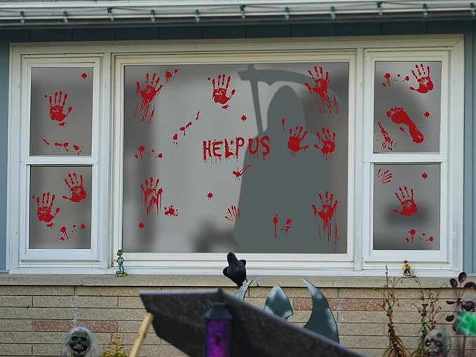 Halloween Window Clings Decorations, Bloody Handprint and Footprint Stickers, Scary Halloween Party Decor for Windows and Cars, Indoor/Outdoor Use - 12 Sheets-Ruum Studio Home