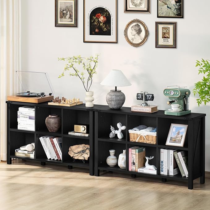 6 Cube Bookcase, Farmhouse Wood Low Storage Organizer Book Shelf, Black 47" Horizontal Console Bookshelf with Legs, Hallway Book Case for Entryway, Display Cabinet for Living Room, Office-Ruum Studio Home