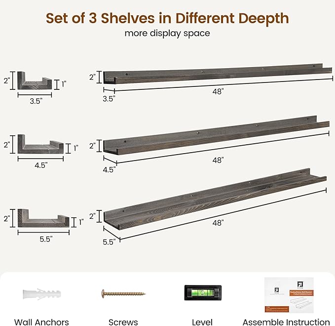 Picture Ledge Wall Shelves 48 Inches Width Set of 3, Solid Pine Wood Rustic Floating Ledge for Kids' Room Bedroom Kitchen Bathroom, Long Floating Shelves for Wall Decor, Grey-Ruum Studio Home