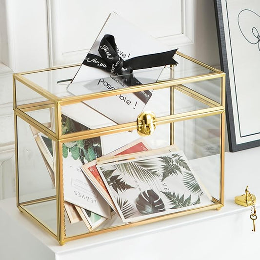 Glass Wedding Card Box with Slot, 10.2 inch Clear Card Box Gold Brass Gift Card Storage Box with Lock Perfect for Wedding Receptions, Baby Shower, Birthday Party, Bridal Shower-Ruum Studio Home