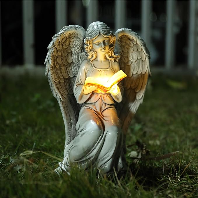 Angel Statue Outdoor Decor, Elegant Angel Garden Statues Reading Book with Solar LED Lights Yard Decorations Lawn Ornaments Figurines Resin Sculpture for Outside, Angel Gardening Gifts-Ruum Studio Home