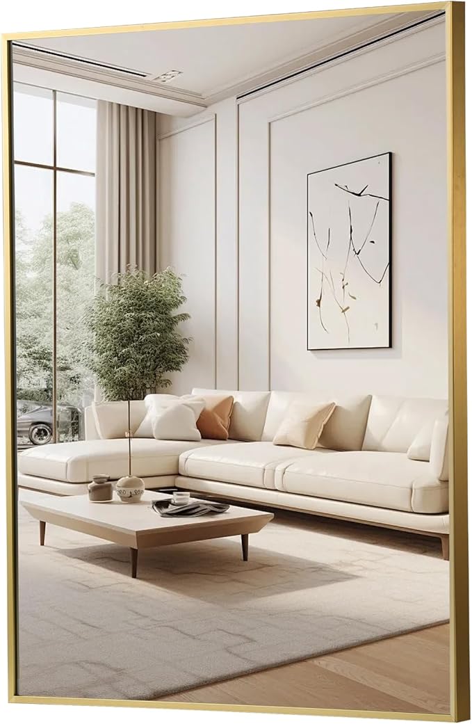 FARMER 30x36 Inch Gold Bathroom Mirror, Rectangle Wall Mounted Mirror, Vanity Mirror, Brushed Square Mirror, Framed Bathroom Mirror for Bedrooms, Entryways, Living Rooms, Horizontal/Vertical-Ruum Studio Home