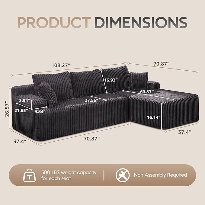 Hobestluk Modular Sectional Sofa Couches 108" L-Shape Couch 3 Seat Modular Sofa Memory Foam Sectional Couches for Living Room, Boneless Couch with Oversized Chaise (Grey, Right Facing)-Ruum Studio Home