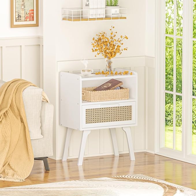 Lerliuo Rattan Nightstand, Bedside Table with Drawer Open Shelf, Cane Accent Side End Table with Solid Wood Legs, White Mid Century Night Stand for Bedroom, Dorm and Small Spaces-Ruum Studio Home