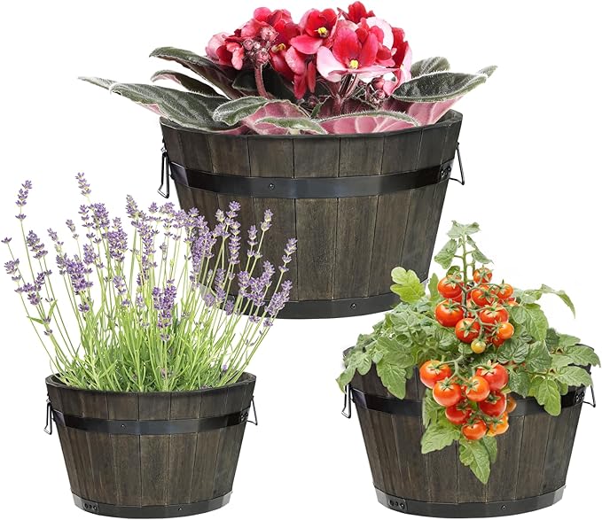IDZO Set of 3 Wooden Flower Planters for Outdoor Plants, Acacia Wood Barrel Planters, Ergonomic Handles, Drainage Holes, Various Sizes, Black-Ruum Studio Home