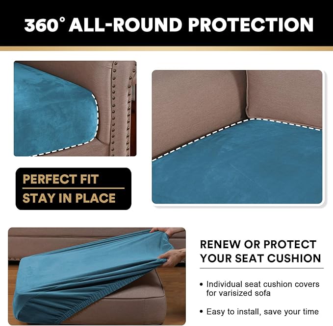 PrinceDeco Velvet Sofa Cushion Covers, Stretch Couch Cushion Covers for Individual Seat Couch Slipcover Sets Furniture Protector for Loveseat Sofa Cushion(Each Width Up to 29.5", Blue)-Ruum Studio Home