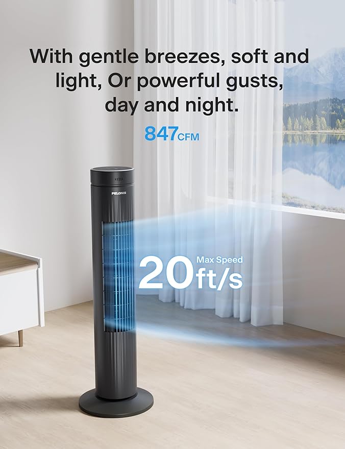 Pelonis 30-Inch Oscillating Tower Fan for Bedroom – 3 Speed, Quiet Tower Fan with Remote ControL, Small Fan, 7-Hour Timer – ETL Certified, Black-Ruum Studio Home