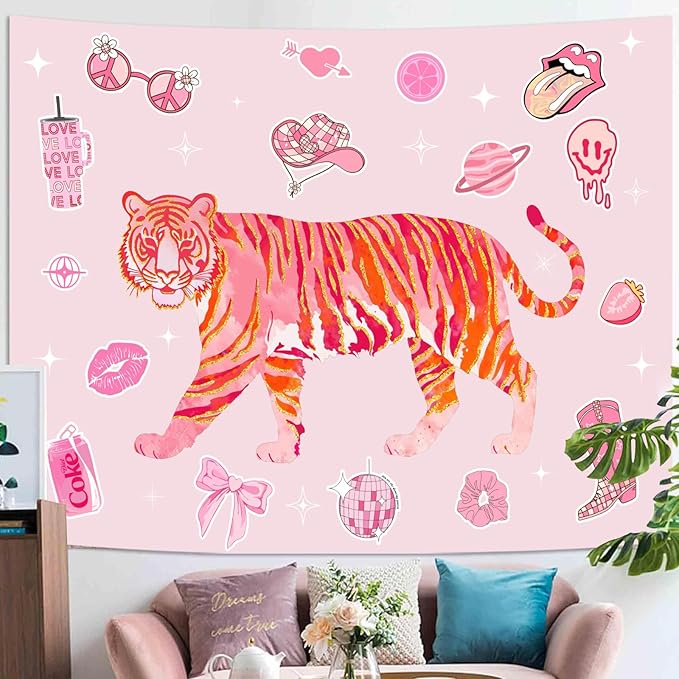 Lunerfex Y2K Tapestry Pink Tiger Wall Tapestry, Cute Tapestries for Bedroom Funny Tapestries Wall Hanging for Bedroom Living Room Decor Pink-3 44"x60"-Ruum Studio Home