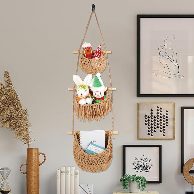 3 Tier Hanging Fruit Basket for Kitchen, Handmade Woven Cotton Hanging Wall Basket for Fruit Vegetable with 6 Hooks, Boho Style Over The Door Organizer for Living Bathroom Bedroom-Ruum Studio Home