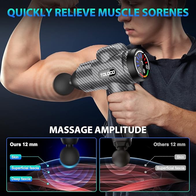 TOLOCO Massage Gun, Deep Tissue Back Massage for Athletes for Pain Relief, Percussion Massager with 10 Massages Heads & Silent Brushless Motor, Carbon-Ruum Studio Home